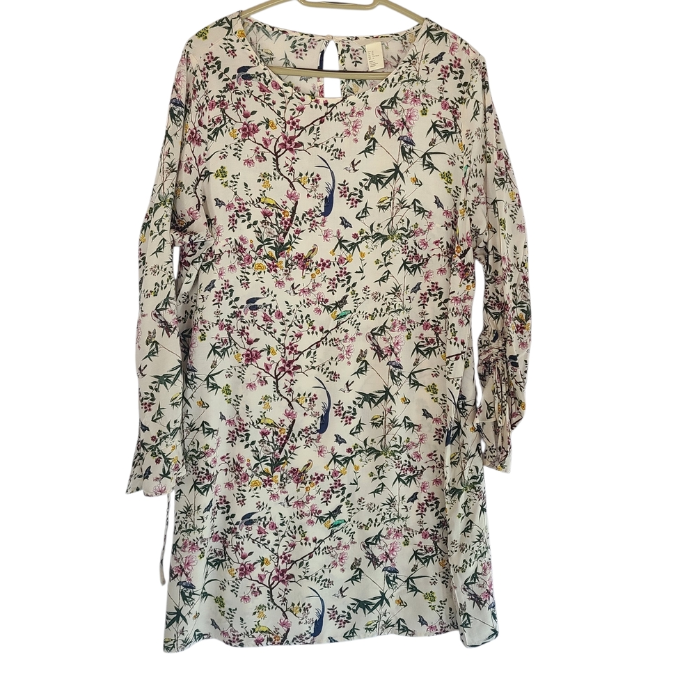 H&M Floral Bird Print Long Sleeve Midi Dress Multi Boho Size 12